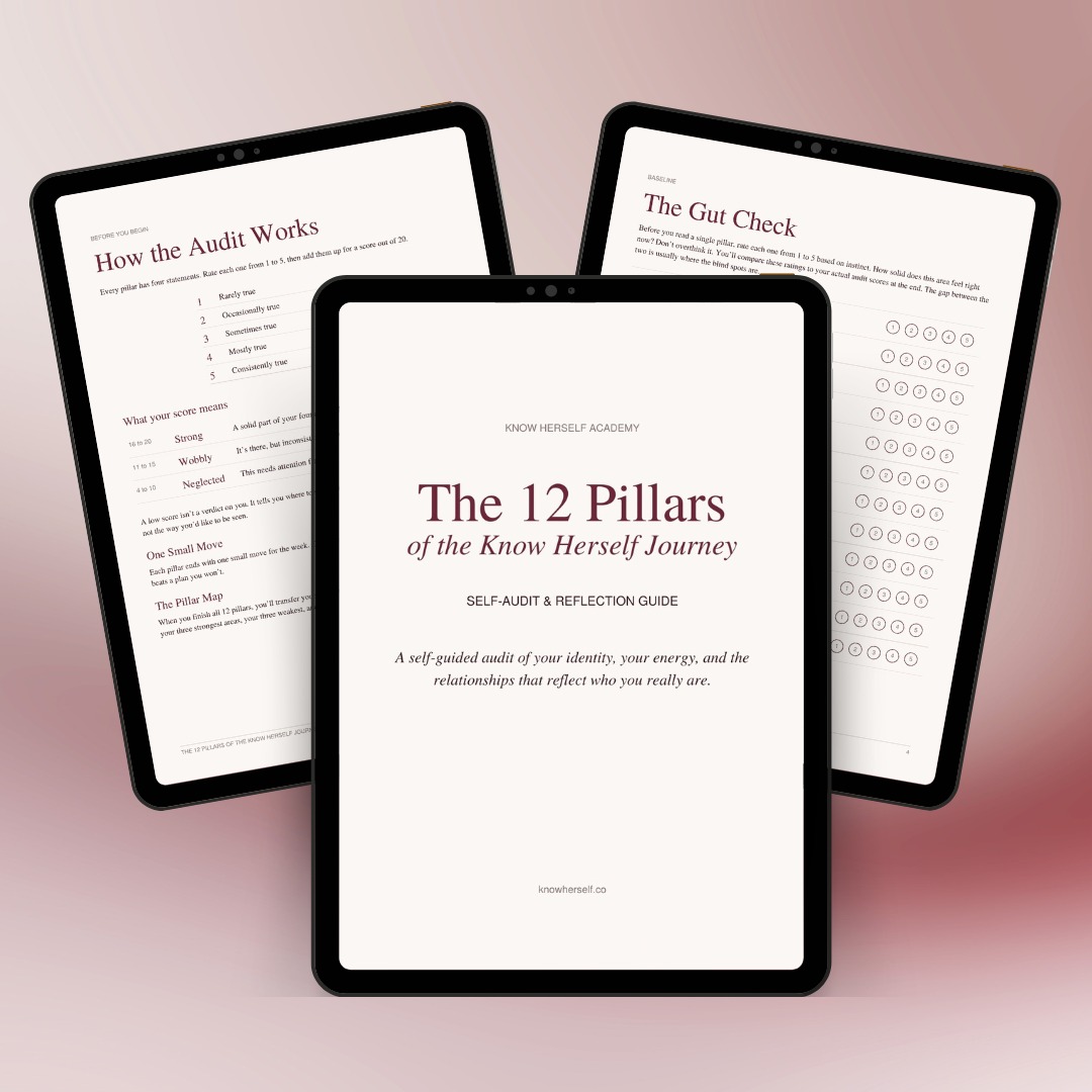 The 12 Pillars of the Know Herself Journey Self-Audit and Reflection Guide, shown across three tablet screens