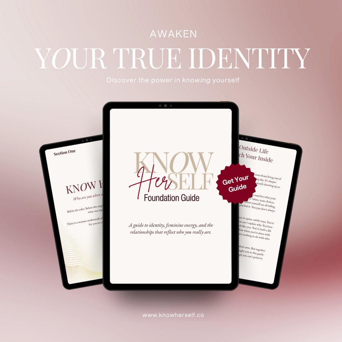 The Know Herself Foundation Guide, shown across three tablet screens